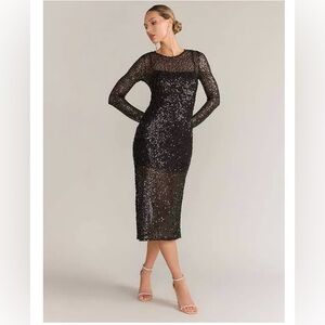NWT Sans Souci Long Sleeve Sequin Sheer Maxi Dress size LARGE